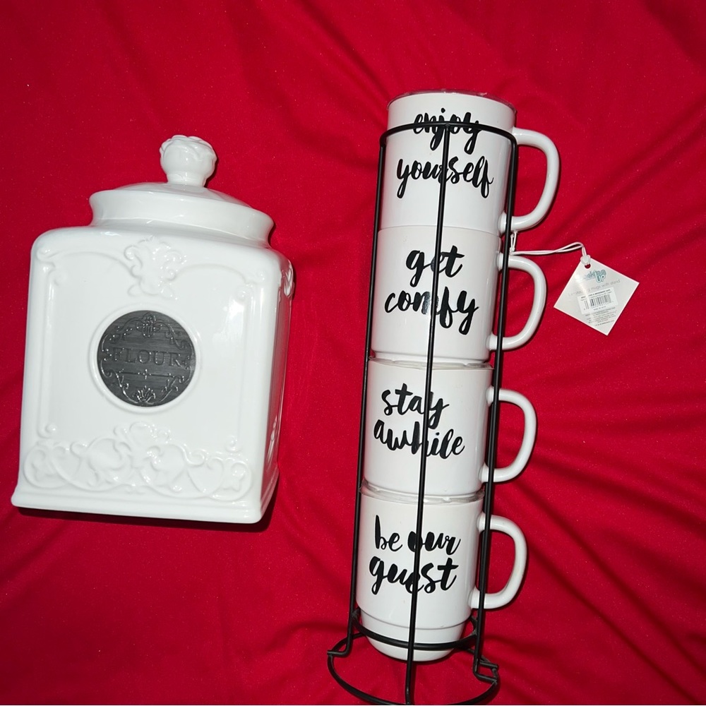 Bundle Stacked Mug Set 14-Oz Stand & Large Ceramics Jar with Lid NWT